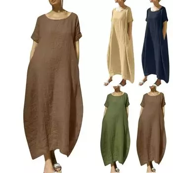 Женское свободное однотонное повседневное платье из хлопка и льна с короткими рукавами и карманами с завязками L верблюд