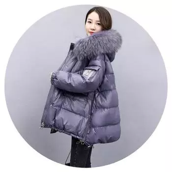 Женское свободное пальто с большим меховым воротником, зимняя хлопковая стеганая куртка средней длины в корейском стиле M зелёный