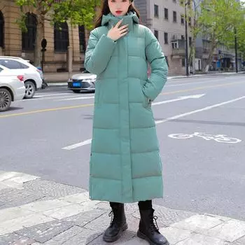 Женское свободное пальто с капюшоном, длинными рукавами, карманами, боковыми разрезами, пуховик с карманами, утолщенный, длинный, теплый, пуховая хлопковая верхняя одежда M чёрный