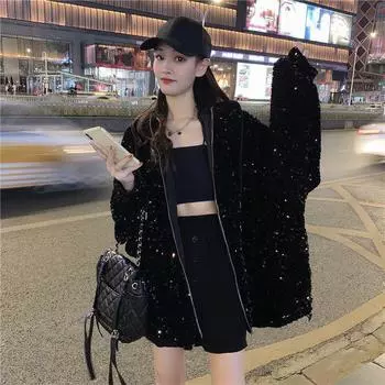 Женское свободное пальто с капюшоном и пайетками, модный сверкающий кардиган, куртка с длинными рукавами, на молнии, тонкое пальто, весна и осень S чёрный