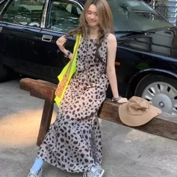 Женское свободное платье без рукавов, летнее дизайнерское праздничное платье Sense of Niche L цветной печати леопарда