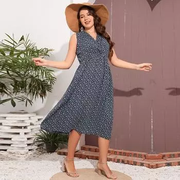 Женское свободное платье без рукавов с v-образным вырезом и цветочным принтом больших размеров, большое свободное платье с простым принтом, синее, XL-5XL XL синий