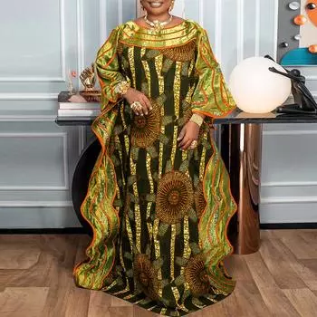 Женское свободное платье больших размеров с круглым вырезом и длинными рукавами с принтом M жёлтый