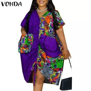 Женское свободное платье больших размеров с v-образным вырезом и коротким рукавом с цветочным принтом M фиолетовый