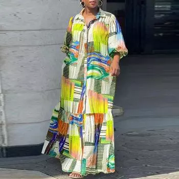 Женское свободное платье больших размеров с рубашечным воротником и длинными рукавами с принтом M