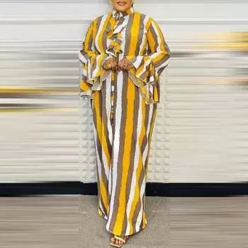 Женское свободное платье больших размеров с воротником-стойкой и длинным рукавом с оборками и принтом M жёлтый