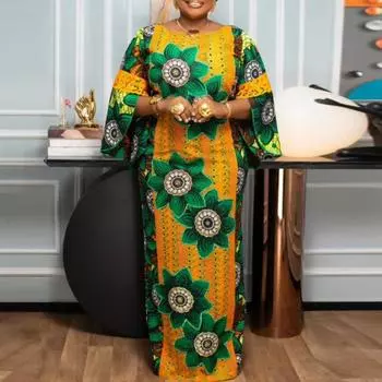 Женское свободное платье больших размеров с круглым вырезом и длинным рукавом с цветочным принтом M оранжевый