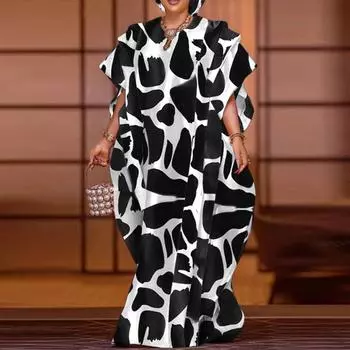 Женское свободное платье больших размеров с v-образным вырезом и коротким рукавом с принтом M чёрный