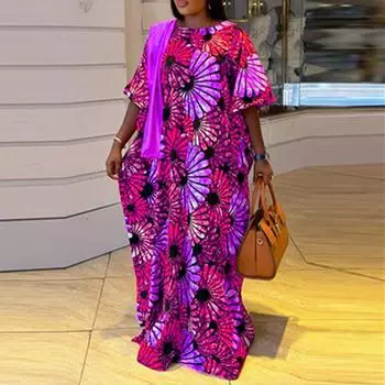 Женское свободное платье больших размеров с круглым вырезом и коротким рукавом с цветочным принтом M