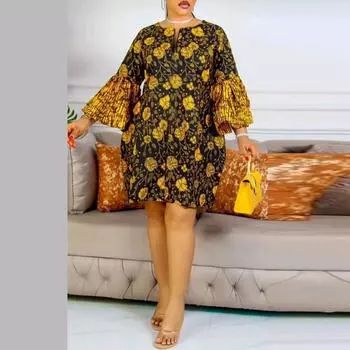 Женское свободное платье больших размеров с круглым вырезом и длинным рукавом с принтом M жёлтый