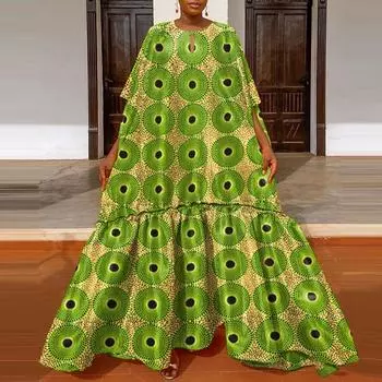 Женское свободное платье больших размеров с v-образным вырезом и коротким рукавом с принтом M зелёный