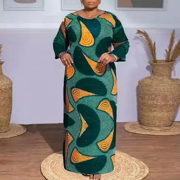 Женское свободное платье больших размеров с круглым вырезом и длинным рукавом с принтом M синий