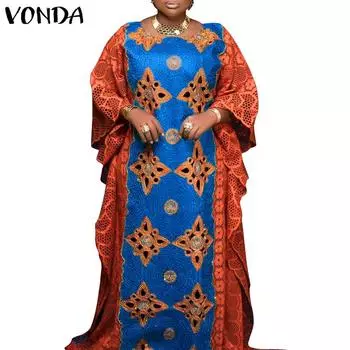 Женское свободное платье большого размера с круглым вырезом и длинными рукавами и принтом 3XL оранжевый