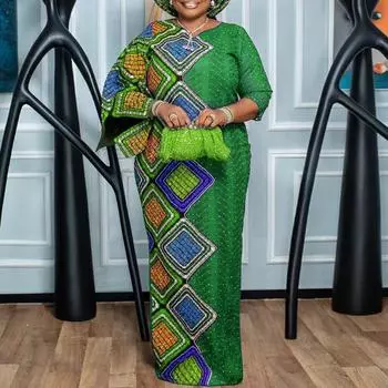 Женское свободное платье большого размера с V-образным вырезом и рукавами 3/4 с принтом M зелёный