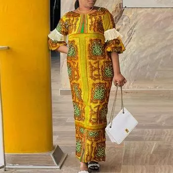 Женское свободное платье большого размера с круглым вырезом и расклешенным коротким рукавом с принтом M зелёный