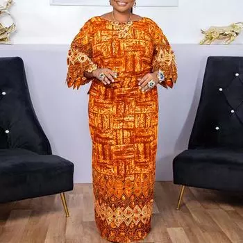 Женское свободное платье большого размера с круглым вырезом и длинным рукавом с принтом 4XL оранжевый