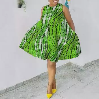 Женское свободное платье большого размера с круглым вырезом без рукавов и полосатым принтом M жёлтый