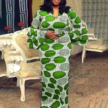 Женское свободное платье большого размера с V-образным вырезом и длинными рукавами и прямым принтом в виде листьев лотоса M синий