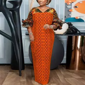 Женское свободное платье большого размера с v-образным вырезом и длинными рукавами с принтом M зелёный