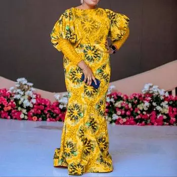 Женское свободное платье большого размера с круглым вырезом и длинным рукавом с кружевным принтом M оранжевый