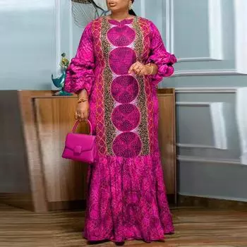 Женское свободное платье большого размера с круглым вырезом и длинными рукавами с принтом M оранжевый