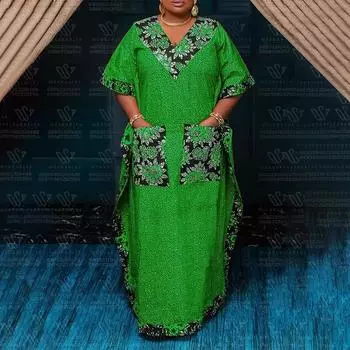 Женское свободное платье большого размера с круглым вырезом и заниженными плечами, короткими рукавами и карманами с принтом 4XL оранжевый