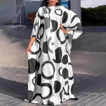 Женское свободное платье большого размера с круглым вырезом и длинным рукавом в горошек M чёрный