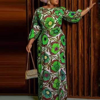 Женское свободное платье большого размера с круглым вырезом и длинными рукавами с принтом M зелёный