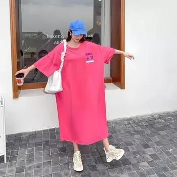 Женское свободное платье большого размера средней длины выше колена с коротким рукавом и футболкой M чёрный