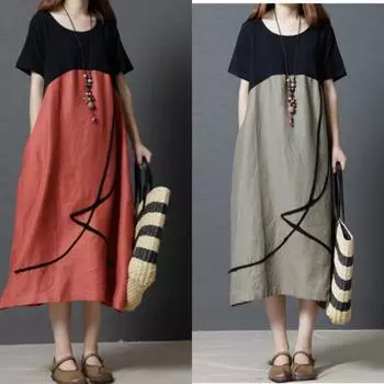 Женское свободное платье из хлопка и льна с контрастным цветом и круглым вырезом, модная юбка большого размера M оранжевый