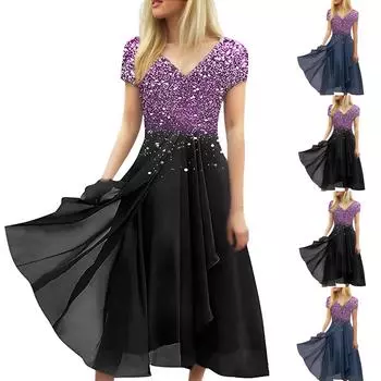 Женское свободное платье из шифона с V-образным вырезом и короткими рукавами в стиле пэчворк Платье из шифона в стиле пэчворк XXXXXL