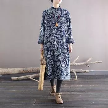 Женское свободное платье Johnature с плюшевой подкладкой и цветочным принтом, повседневное зимнее платье в китайском стиле с длинными рукавами и стойкой Vinatge One Size синий