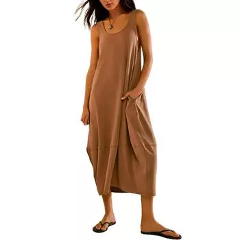 Женское свободное платье миди без рукавов с открытой спиной и круглым вырезом, платье-футболка, летнее повседневное платье-майка с боковым карманом L светло-коричневого