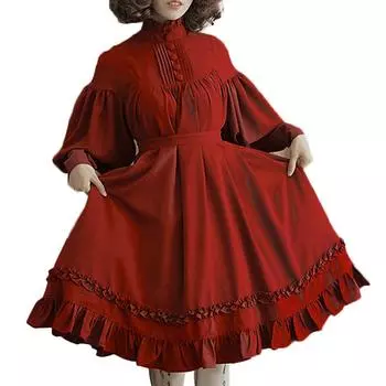 Женское свободное платье миди с кружевными пуговицами и рукавами-фонариками 4XL бежевый