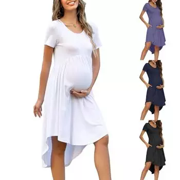 Женское свободное платье миди с высокой талией для беременных и круглым вырезом для беременных с карманом XL чёрный