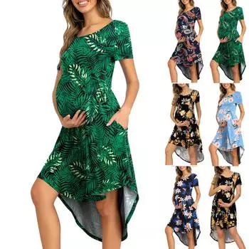 Женское свободное платье миди с высокой талией для беременных и круглым вырезом для беременных с карманом L зелёный