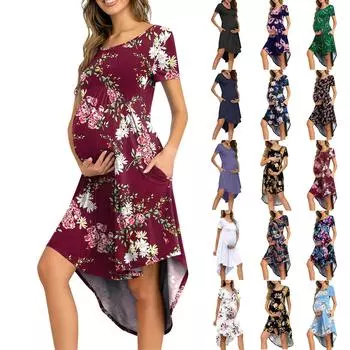 Женское свободное платье миди с высокой талией для беременных и круглым вырезом для беременных с карманом XXL розовый