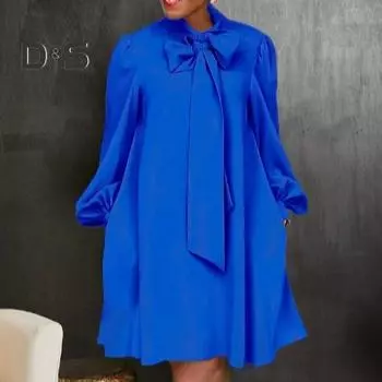 Женское свободное платье на шнуровке с бантом и длинными рукавами-фонариками, сплошное цветное платье длиной до колена, официальное платье миди для поездок на работу S красный