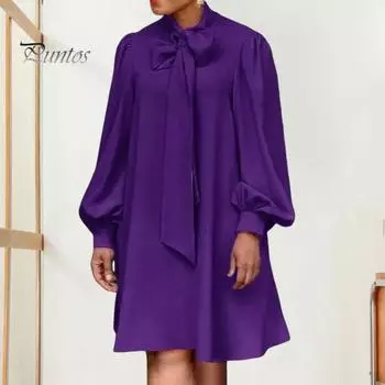 Женское свободное платье на шнуровке с бантом и длинными рукавами-фонариками, сплошное цветное платье длиной до колена, официальное платье миди для поездок на работу S красный