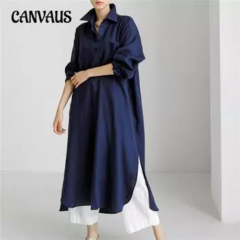 Женское свободное платье-рубашка больших размеров на весну и осень, хлопково-льняная рубашка с разрезом длиной до колена, однотонные платья M чёрный