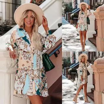 Женское свободное платье-рубашка длиной выше колена с длинным рукавом и принтом на весну и осень S
