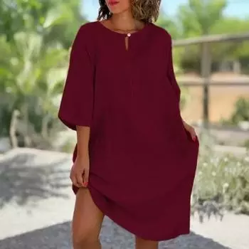 Женское свободное платье-рубашка из хлопка и льна, повседневное платье миди с рукавом 1/2 и круглым вырезом, летний пляжный сарафан для отдыха S светло-синий