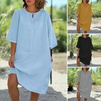 Женское свободное платье-рубашка из хлопка и льна, повседневное платье миди с рукавом 1/2 и круглым вырезом, летний пляжный сарафан для отдыха S вино красного