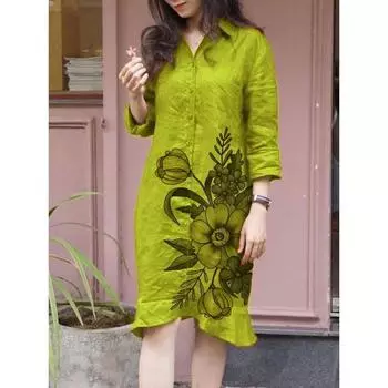 Женское свободное платье-рубашка миди с длинными рукавами и лацканами с принтом L синий