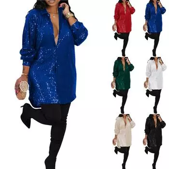 Женское свободное платье-рубашка на пуговицах с пайетками и длинными рукавами для вечеринок и клубов L бежевый