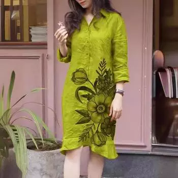 Женское свободное платье-рубашка с длинными рукавами и лацканами длиной до колена L красный