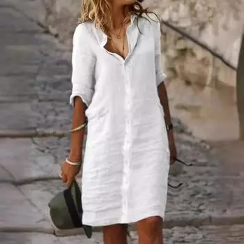 Женское свободное платье-рубашка с рукавами на пуговицах и лацканами, однотонное S белый