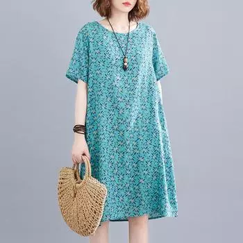 Женское свободное платье с цветочным принтом в стиле бохо и карманами с короткими рукавами и круглым вырезом, летнее повседневное платье 2XL зелёный