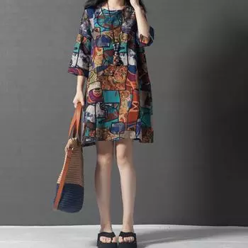 Женское свободное платье с цветочным принтом, хлопковое льняное повседневное женское летнее платье с коротким рукавом