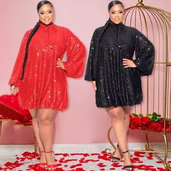 Женское свободное платье с длинным рукавом и пайетками, короткое вечернее платье S чёрный